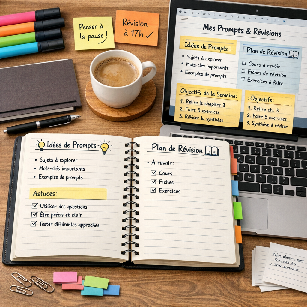 Carnet et ordinateur pour organiser ses prompts et ses révisions